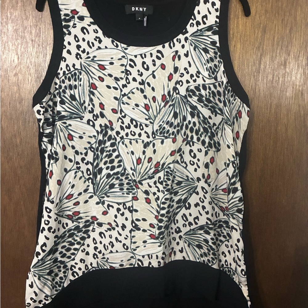 DKNY Cream and Black Butterfly Print Tank with Red Accents